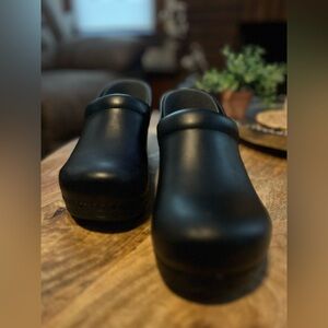 Dansko Black Leather Clogs, Size 11